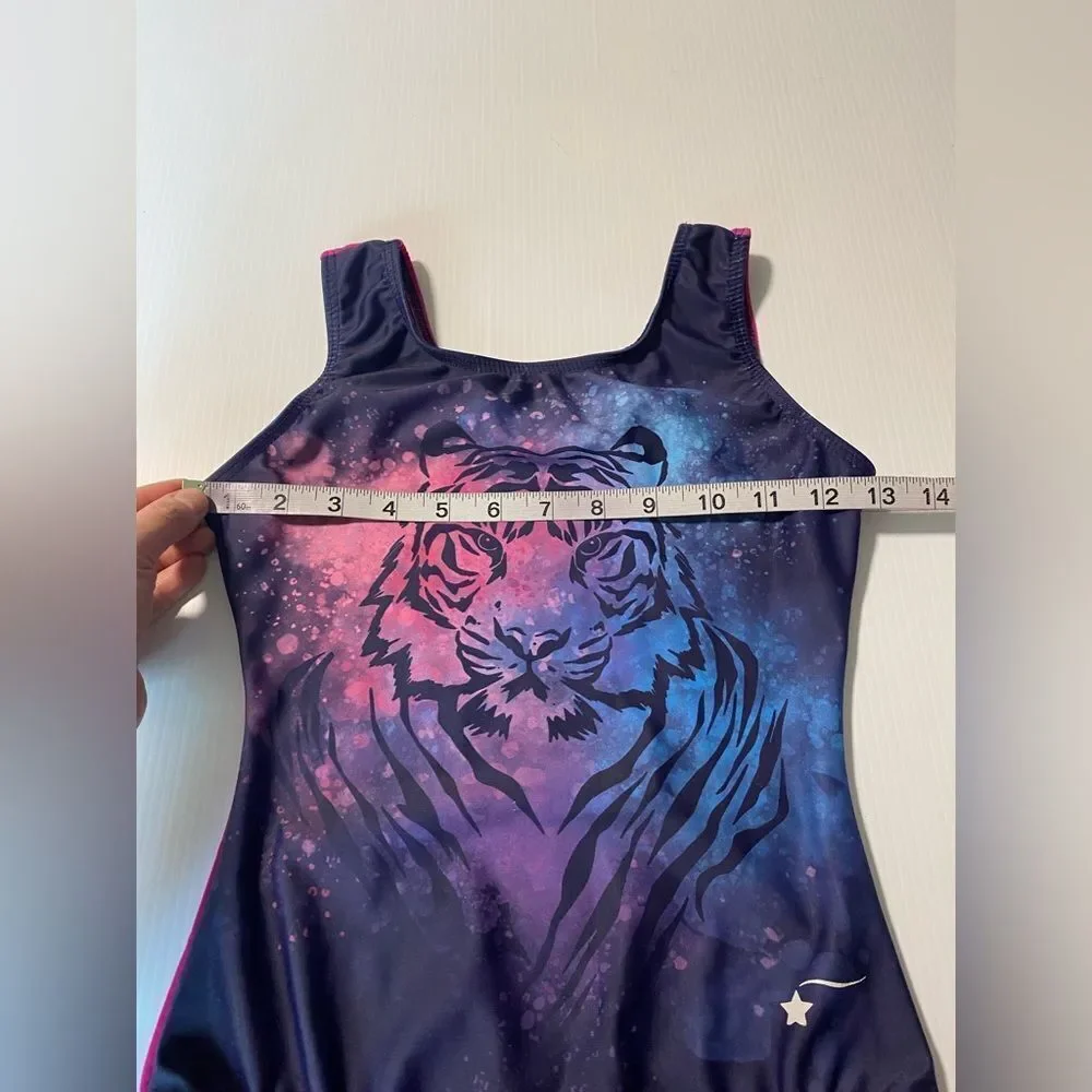 Destira elite gymnastics tank blue hot pink back leotard tiger XLC child